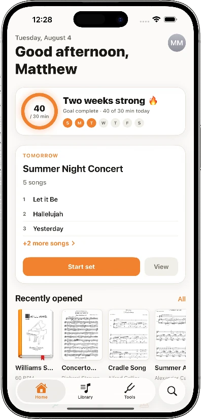 The same home screen on iPhone, with the practice streak and tomorrow's set list