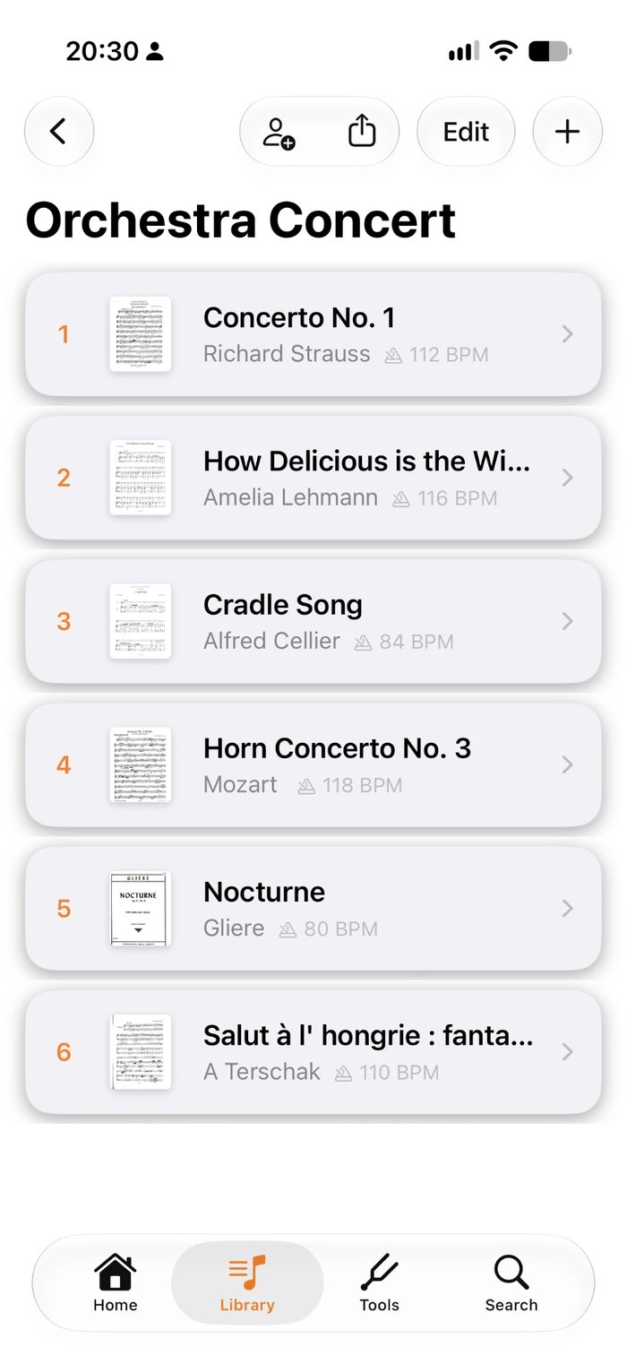 A set list called Orchestra Concert in Music Folder on iPhone: six pieces in performance order, each with composer and tempo